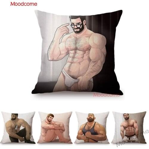 Hot Sexy Gay Art Jock Muscle Bear Cartoon Sketches Lovely Cozy Pride Home Decoration Sofa Pillow Case Cotton Linen Cushion Cover