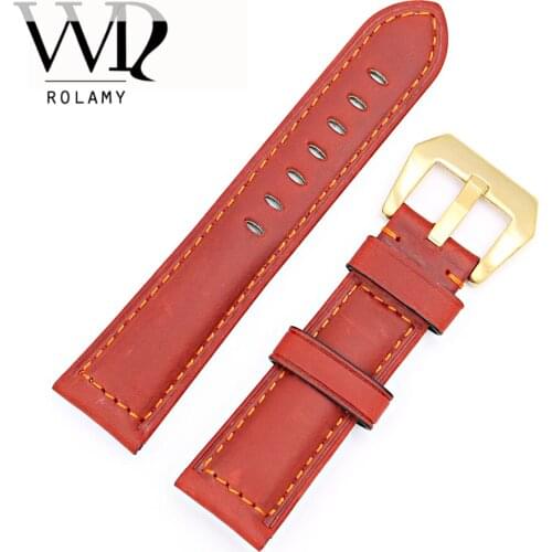 Rolamy 22 24mm Red Real Leather Handmade Replacement Thick Vintage Wrist Watch Band Strap With Gold Color Brushed Buckle