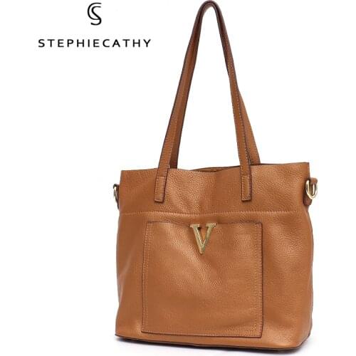 SC Women Fashion Handbag Genuine Leather Shoulder Bags Luxury V Shape Decoration Large Shopping Tote Female Casual Crossbody Bag