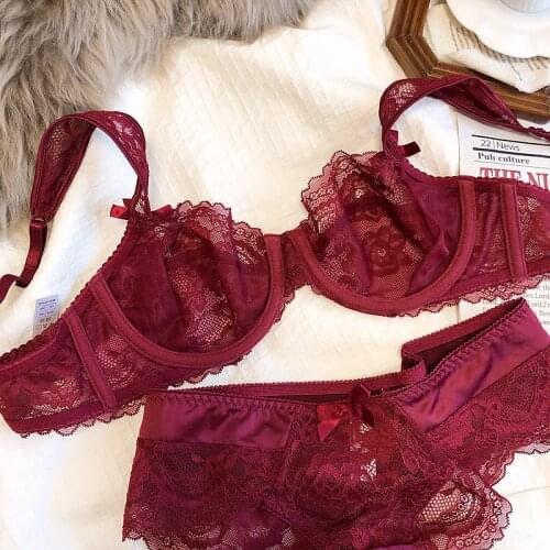 Wriufred sexy transparent gathering lingerie sets romantic ultra-thin lace big breasts plus size steel ring bra underwear set