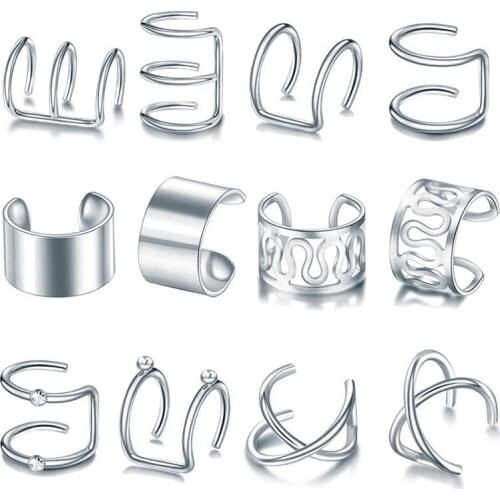 12 pcs/set Trendy Hip-Hop Ear Clip Earrings Fake Cartilage Earrings for Women Non-Piercing Ear Bone Clip Ear Buckle Set Jewelry