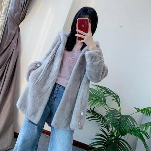 Middle long women fashoin Luxurious Imported Mink Fur Coats Winter Big hem high quality elegant real mink fur coat with hood