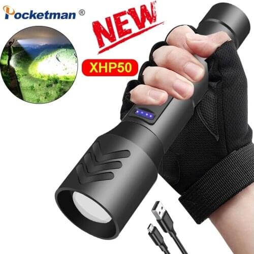 Super Bright XHP50 Flashlight 28000LM Zoomable Torch Strong Light Outdoor Multi-Function Portable Lanterna With Pen Holder