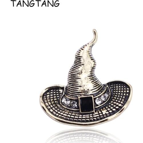 TANGTANG Brooch Witchs Hat Brooch Antique Golden Plating Rhinestone Brooch Pin Black Painted Magical Halloween Gift Jewelry Pin