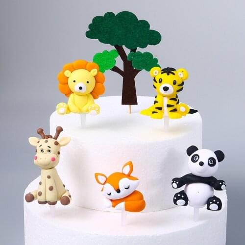 Jungle Theme Cartoon Animal Cake Topper Fox Panda Lion Elephant Giraffe Soft Clay Animal Cupcake Topper Birthday Party Decor