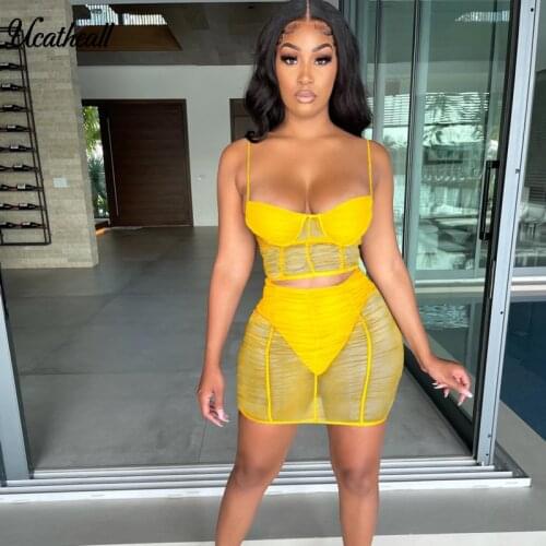 Solid Color Mesh Sexy Top And Skirts Sets Summer See Through Outfits Ruched Party Club Wear Two Piece Set