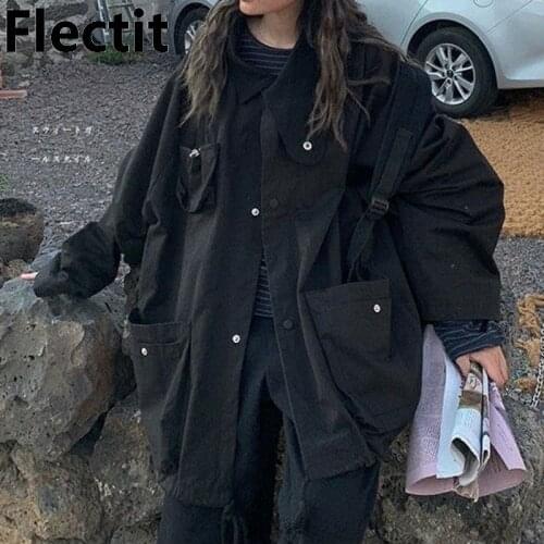 Flectit Black Windbreaker With Utility Pocket Snap Button Oversized Cargo Jacket Y2K Student Girl Womens Outerwear & Coats