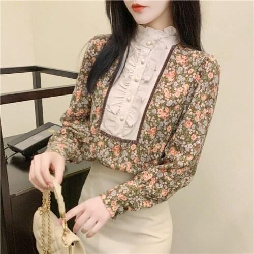 Femininas Ruffle Palace French Victorian Blouse Shirts Women Tops Long Sleeve High Neck Vintage Lady Elegant Harajuku Shirt