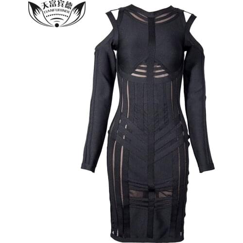 2018 New Elegant Spaghetti Strap Bandage Dress Knee Length O Neck Hollow Out Lady Dress Sexy Full Sleeve Autumn Women Vestidos