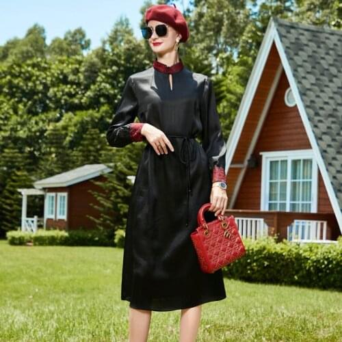 Silk dress womens 2020 new autumn dress medium length small stand collar Embroidered Floral cloud yarn skirt dress