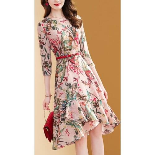 Floral chiffon dress women spring/summer 2021 new slim printed skirt