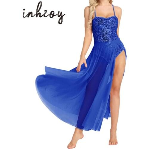 Women Lyrical Sequins Dance Dress Ballet Leotard Flowy Split Skirt Dancewear