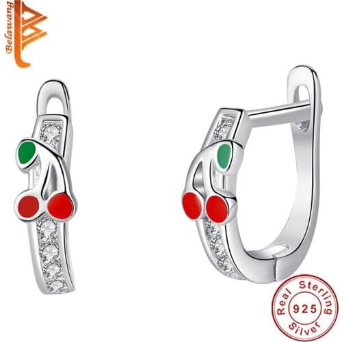 BELAWANG 2019 Fashion Lovely Red Enamel Cherry Earrings Children Girls 925 Sterling Silver Kids Earrings Silver Birthdays Gift