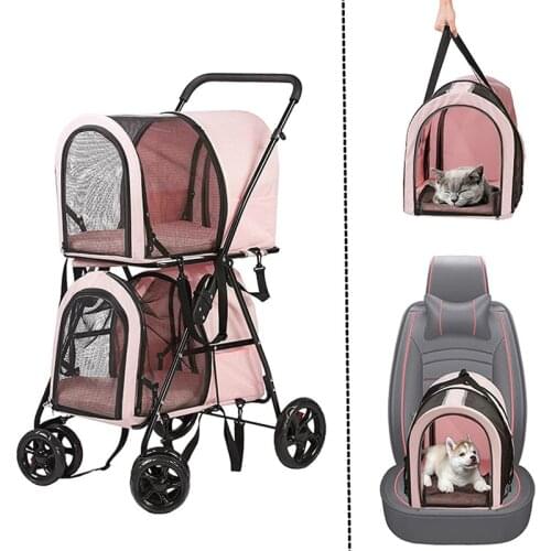 Double-layer Pet Stroller Cats Carrier Detachable Handbag Collapsible Breathable Dog Cat Trolley for Dogs Cats Walks Relax