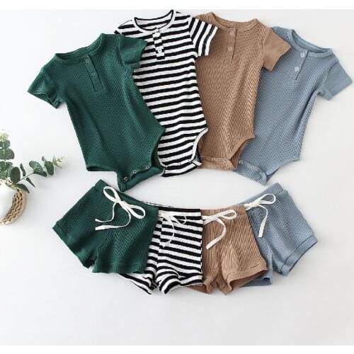 Bodysuits + Shorts Newborn Tracksuits Sets Baby Boys Summer Clothing Sets Newborn Kids Baby Boy Ribbed Knitted Short Sleeve