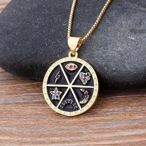 Hot Sale Lightning ,Moon, Evil Eye, Star and Rainbow Shapes Round Pendant Bling Cubic Zircon Women Hip Hop Rock Jewelry Gift