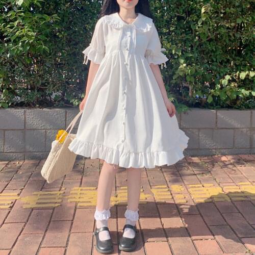 Summer Womens Dress 2021 Japan Style Edible Tree Fungus Puff Sleeve Casual Womens Dresses Kawaii White Dress Party Dresses