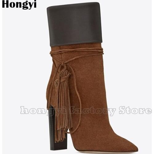 Fashion Thick High Heel European Style Fringe Designer High Heel Boots Women Tassel Pointed Toe Mid-calf Gladiator Block Booty