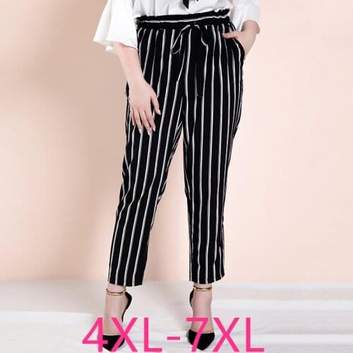 Female summer plus size pencil long pants for women large loose casual elastic waist stripe trousers belt black 4XL 5XL 6XL 7XL