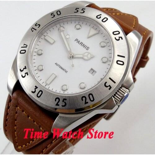 Parnis 43mm white dial luminous sapphire glass brown leather strap 10ATM MIYOTA Automatic mens watch 602 relogio masculino