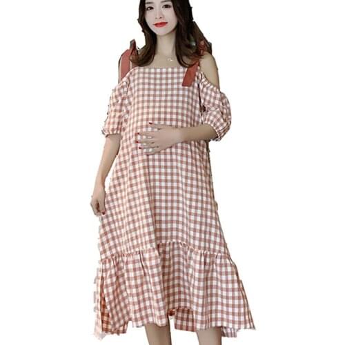 Drawstring Ruffle off Shoulder Plaid Maternity Dress Sweet Lovely Cotton Clothes for Pregnant Women Pregnancy Bohemian 2021 New