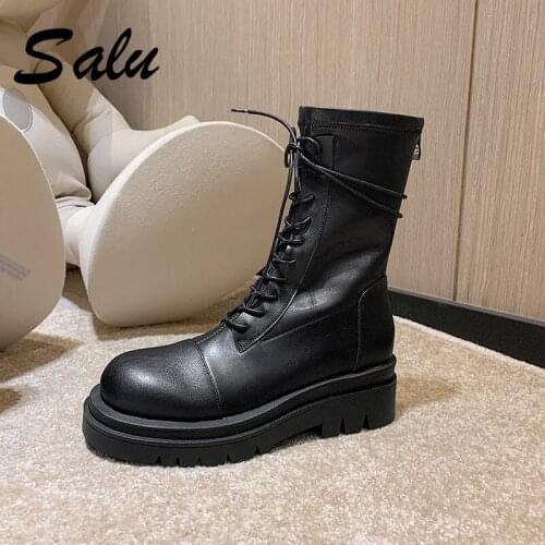 Salu Fashion Mid-calf Boots Women Winter Snow Boots Genuine Leather Fur Shoes Woman Thick Heels Lace-up Black Brown Size33-43