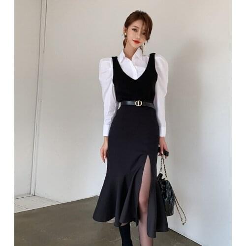 Sexy 2 piece suit korean ladies white long Sleeve tops and Maxi Black loose Sleeveless dress long Party Set for women clothing