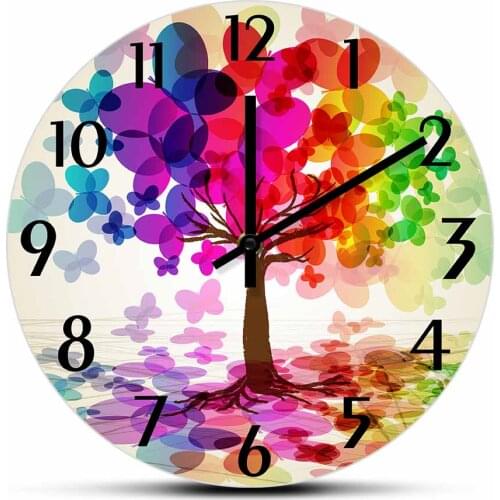Tree With A Crown Made Of Butterflies Modern Wall Clock Colorful Rainbow Tree Nature Home Decor Silent Clock For Living Room