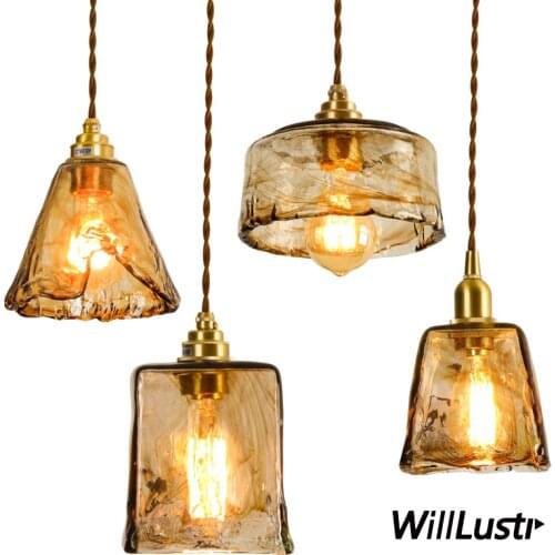 Handmade Tawny Glass Pendant Light Vintage Copper Suspension Lamp Hotel Restaurant Cafe Bar Kitchen Bedside Retro Hanging Light