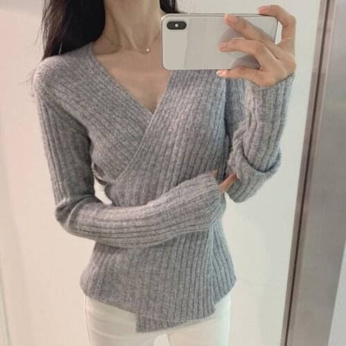Korean Chic Autumn and Winter Fashion All-Match Design Sense Cross V-Neck Slim Bottoming Sweater Sweater Outer Wear Women