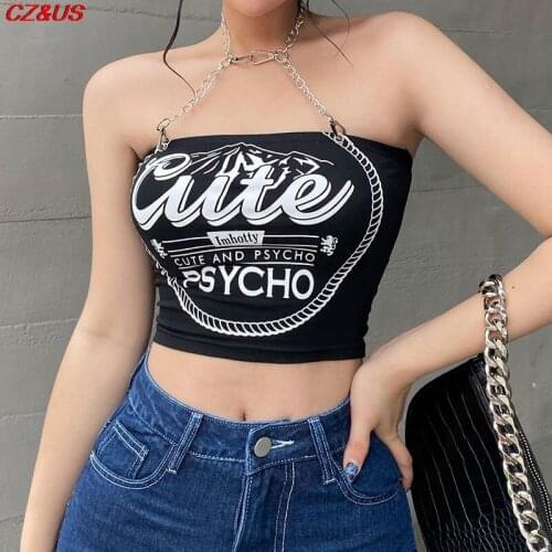 Street Fashion Spice Girl Hanging Neck Chain Print Letter Sexy Back Halter Belt Sexy Midriff-Baring Shorter Tops Summr 2021
