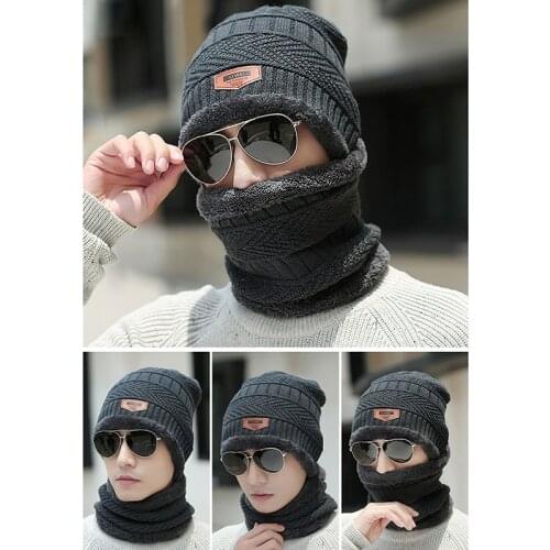 Male Child Windproof Knitting Caps Neck Warmer Men Warm Skullies Beanie + Soft Scarf Two-Piece Set Winter Thicken Hat