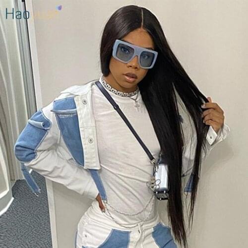 HAOYUAN Casual Jeans Jacket Women Fashion Clothing Fall Winter Streetwear Long Sleeve Button Crop Top Patchwork Denim Jackets