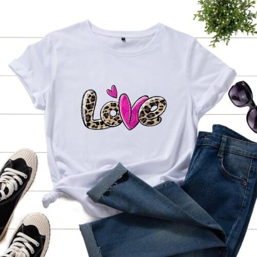 Summer Women T-shirt 100% Cotton Short Sleeve Leopard Letter Heart Print Female Fashion Casual Tshirt Ladies Loose Daily Tee Top