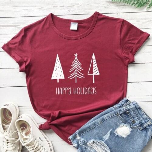 Happy Holidays Christmas Tree T-shirt Cute Winter Graphic Holiday Top Tee Aesthetic Women Xmas Gift Tshirt Dropshipping