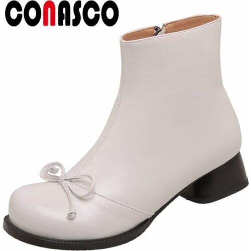 CONASCO New Sweet Women Short Boots Autumn Winter Warm Cow Leather Causal Prom Basic Boots Classic Butterfly Knot Shoes Woman