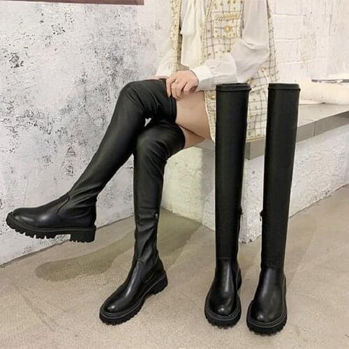 Womens Over The Knee Boots Females Side Zipper Leather Non-Slip Round Toe Flat Platform Ladies 2021 New Design Elegant Shoes