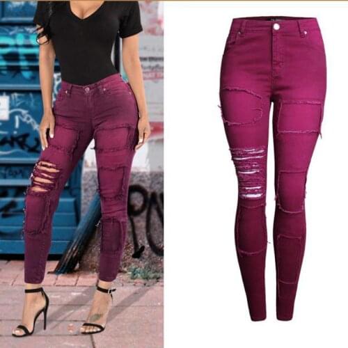 2021 Spring And Autumn Trend Pencil Pants Stretch Slim Wine Red Jeans Womens Hole Patchwork Solid Leg Pants