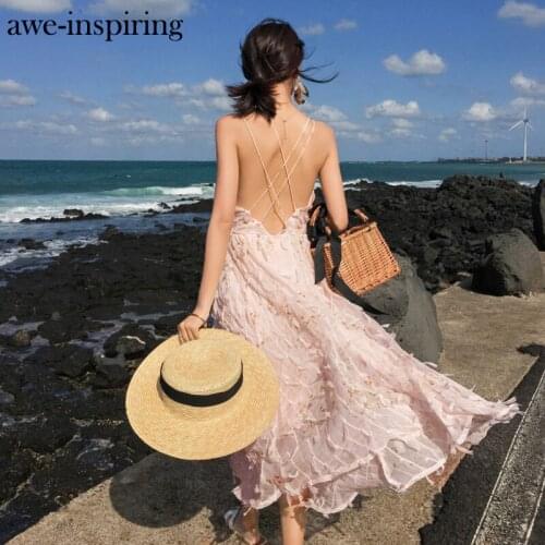 Woman Dress Pink Sundress Summer Tropical Vacation Sleeveless Backless Long Party Fairy Dress Casual Beach Straps Dress Runway