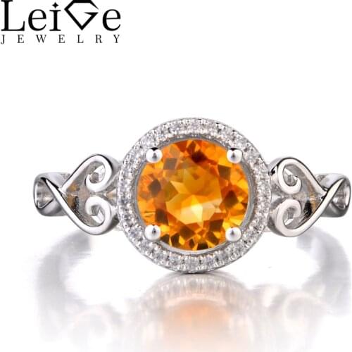 Leige Jewelry Natural Citrine 925 Sterling Silver Ring Round Cut Gemstone November Birthstone Promise Engagement Rings for Women