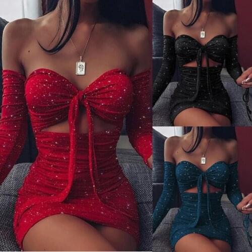 Women Long Sleeve Off Shoulder Cut Out Dress Sexy Glitter Off Shoulder Ruched Bodycon Mini Dress Short Dress Club Party Dresses