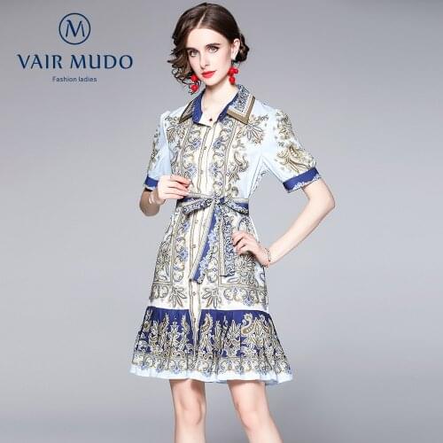 The New Dress Women French Palace Print Pleated Temperament Waist Slimming Single-Breasted Dress Summer Elegant Fashion Y-181
