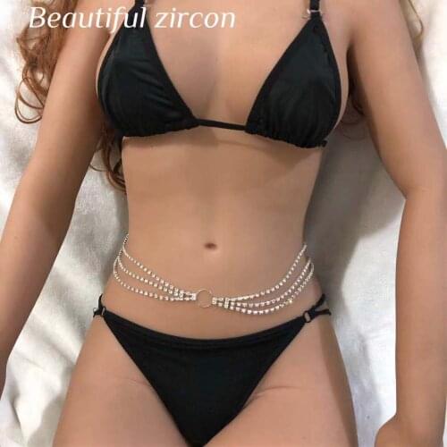 2021 European and American fashion three layer round metal Rhinestone womens waist chain beach bikini sexy body waist chain gif