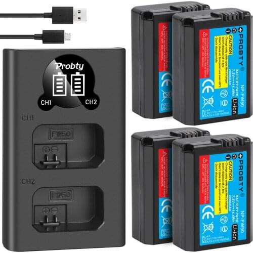 4Pcs 2000mAh NP-FW50 NP FW50 Battery + LED USB Dual Charger for Sony A6000 A6400 A6300 A6500 A7 A7II A7RII A7SII A7S A7S2 A7R