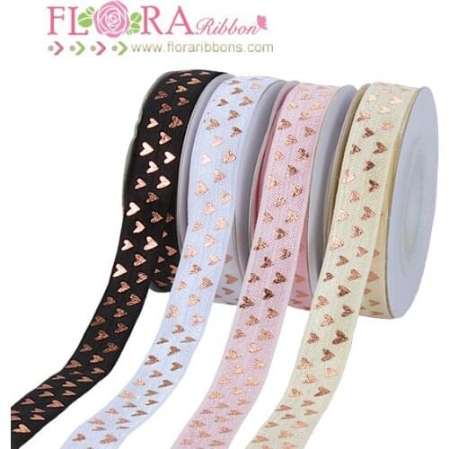 FLRAribbons rose gold foil printing valentine heart foe ribbons fold over elastic