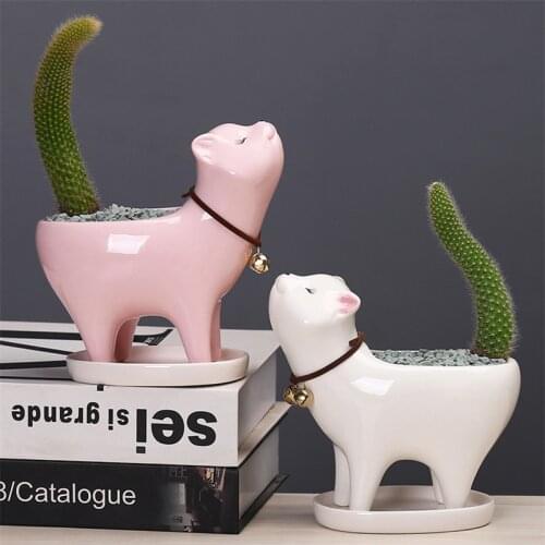 Cute Cat Tai Flower Pot Cute Animal Ceramic Planter Pots Succulent Saguaro Cactus Plant Flower Pot for Home Garden Decotation