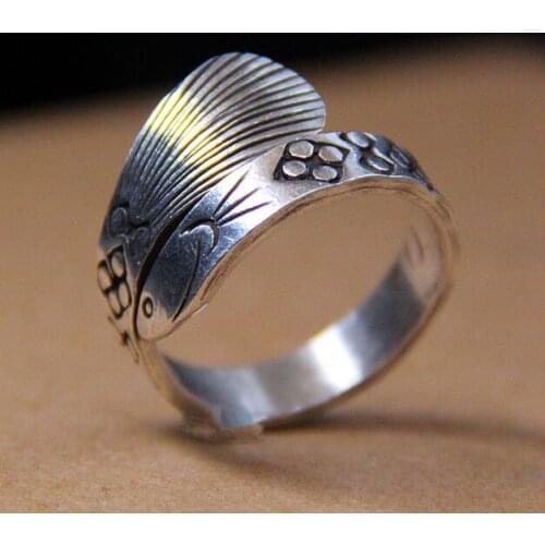 Handmade 100% 925 Silver Fish Ring Thai Silver Ring Adjustable Vintage Sterling Good Luck Ring Made in Thailand