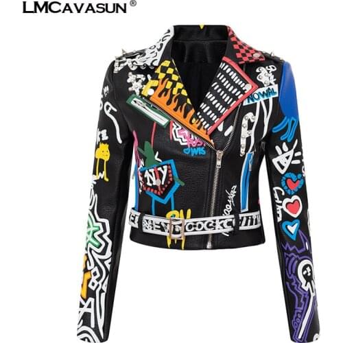 LMCAVASUN 3D Graffiti soft pu leather jackets female rivet beading Punk Rock Cropped leather Outerwear