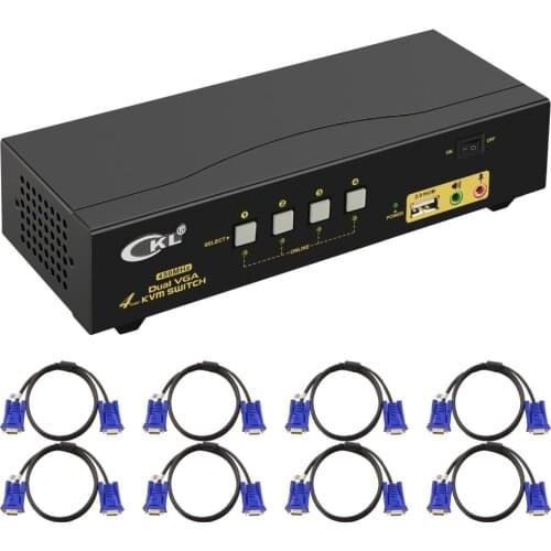 VGA KVM Switch 4 Port Dual Monitor Extended Display, CKL USB KVM Switch VGA with Audio + 2 VGA Output 20481536@450Hz, PC Monitor