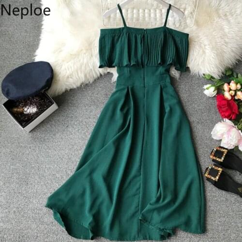 Neploe Korean Summer Temperament Off Shoulder Dresses Sweet A Line Beach Holiday Vestidos Empire Pleated Chiffon Dress 45596